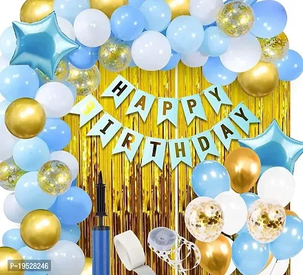 ZYRIC Happy Birthday Decoration Kits With Blue, White and Golden Balloons