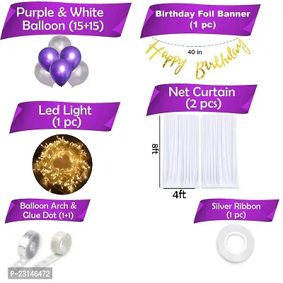 ZYRIC Happy Birthday  Purple and White Balloons Decoration Kits with Net White Curtain (Pack of 37pcs)-thumb2