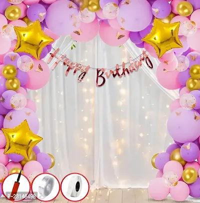 ZYRIC Happy Birthday  Purple and Pink Balloons Decoration Kits with Net White Curtain (Pack of 58pcs)