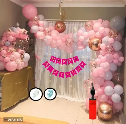ZYRIC Happy Birthday  Pink and Grey Balloons Decoration Kits with Net White Curtain (Pack of 54pcs)