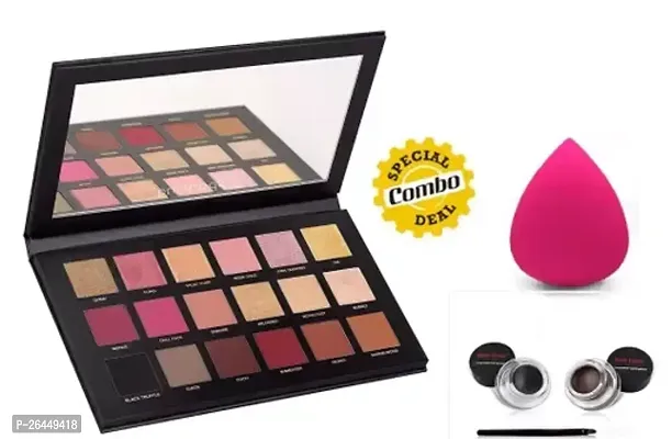Rose Gold Remastered Beauty Eyeshadow Palette 18 Color With Pink Puff, Long Lasting Gel Eyeliner