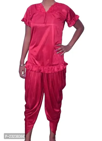 Beautiful Fasionable Woman Night Suit Dhoti Kurta Set Short Kurta with Short Sleeves and Patiala Pant ComboIn Red Color Large Size