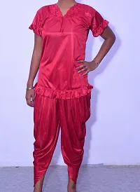 Beautiful Fasionable Woman Night Suit Dhoti Kurta Set Short Kurta with Short Sleeves and Patiala Pant ComboIn Red Color Small Size-thumb4