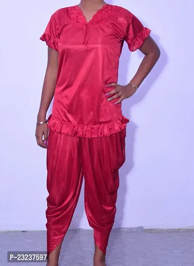 Beautiful Fasionable Woman Night Suit Dhoti Kurta Set Short Kurta with Short Sleeves and Patiala Pant ComboIn Red Color Small Size-thumb5