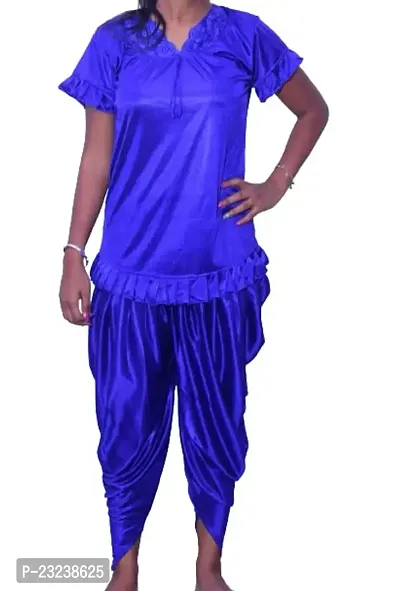 Beautiful Fasionable Woman Night Suit Dhoti Kurta Set Short Kurta with Short Sleeves and Patiala Pant ComboIn Blue Color Small Size