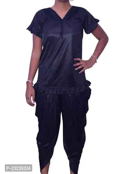 Beautiful Fasionable Woman Night Suit Dhoti Kurta Set Short Kurta with Short Sleeves and Patiala Pant Combo in Black Color Large Size-thumb5