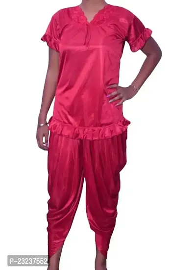 Beautiful Fasionable Woman Night Suit Dhoti Kurta Set Short Kurta with Short Sleeves and Patiala Pant ComboIn Red Color Xtra Large Size-thumb2