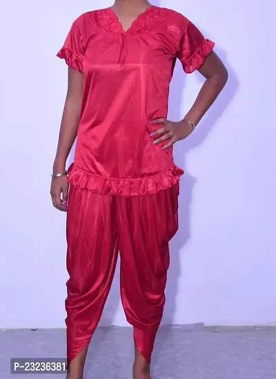 Beautiful Fasionable Woman Night Suit Dhoti Kurta Set Short Kurta with Short Sleeves and Patiala Pant ComboIn Red Color Meduim Size-thumb2