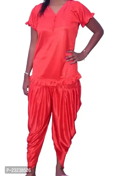 Beautiful Fasionable Woman Night Suit Dhoti Kurta Set Short Kurta with Short Sleeves and Patiala Pant ComboIn Orange Color Small Size-thumb0