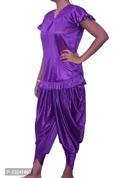 Beautiful Fasionable Woman Night Suit Dhoti Kurta Set Short Kurta with Short Sleeves and Patiala Pant ComboIn Purple Color Xtra Large Size