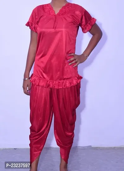 Beautiful Fasionable Woman Night Suit Dhoti Kurta Set Short Kurta with Short Sleeves and Patiala Pant ComboIn Red Color Small Size-thumb2