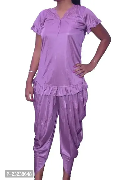 Beautiful Fasionable Woman Night Suit Dhoti Kurta Set Short Kurta with Short Sleeves and Patiala Pant ComboIn Lavendar Color Large Size