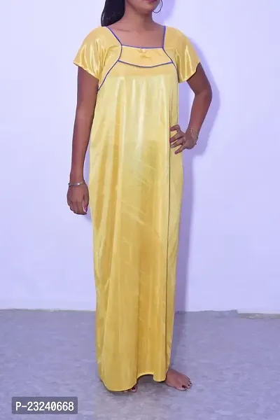 Fasionable Women Nighty Satin Mexi Gown in Different Colors Free Size Yellow Color-thumb2