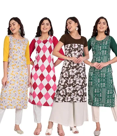 Combo Of 4 Crepe Printed Kurtis