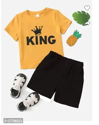 Stylish Yellow Cotton Blend Printed T-Shirts with Shorts For Boys