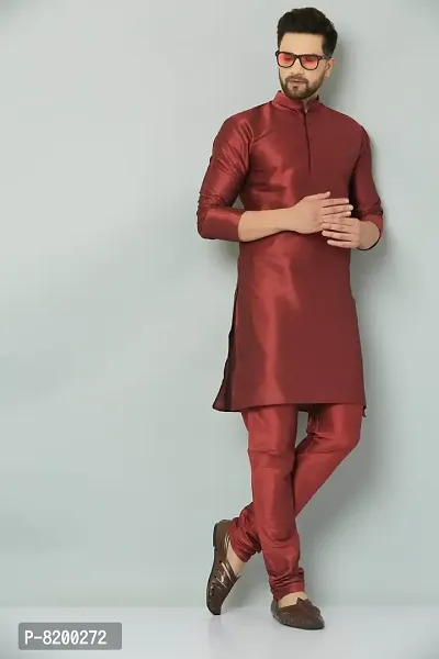 Stylish Fancy Dupion Silk Kurta And Chudidar Set For Men