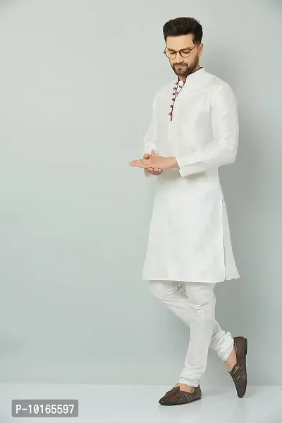 LEMONX Men?s and Boys Indian Traditional Dupion Silk Kurta Pyjama/Pajama for Wedding and Party Combo Set White-thumb5