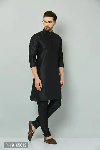 LEMONX Men?s and Boys Indian Traditional Straight Dupion Silk Kurta Pyjama/Pajama for Wedding and Party Combo Set Black-thumb3