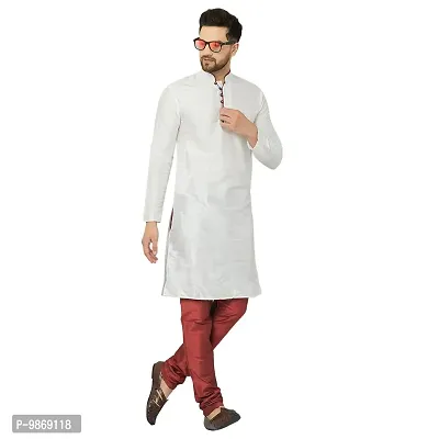 BENSTITCH Men's Silk Blend Regular Kurta Churidar Pyjama Set (L(40), White&Maroon)