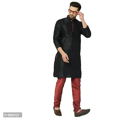 BENSTITCH Men's Silk Blend Regular Kurta Churidar Pyjama Set (M(38), Black&Maroon)