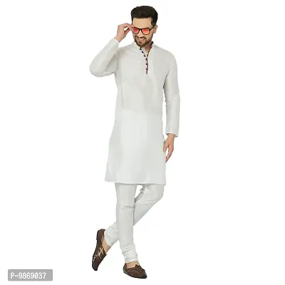 BENSTITCH Men's Silk Blend Regular Kurta Churidar Pyjama Set (M(38), White)-thumb0