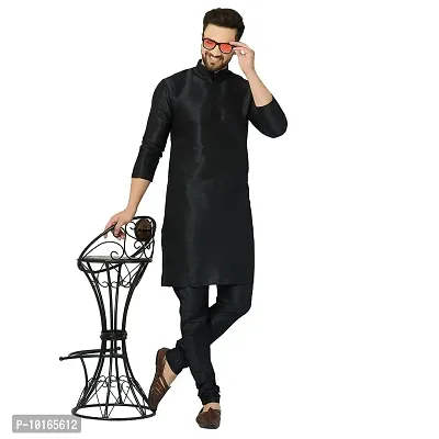 LEMONX Men?s and Boys Indian Traditional Straight Dupion Silk Kurta Pyjama/Pajama for Wedding and Party Combo Set Black