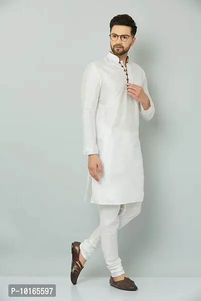 LEMONX Men?s and Boys Indian Traditional Dupion Silk Kurta Pyjama/Pajama for Wedding and Party Combo Set White-thumb3