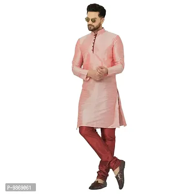 BENSTITCH Men's Silk Blend Regular Kurta Churidar Pyjama Set (M(38), Pink&Maroon)