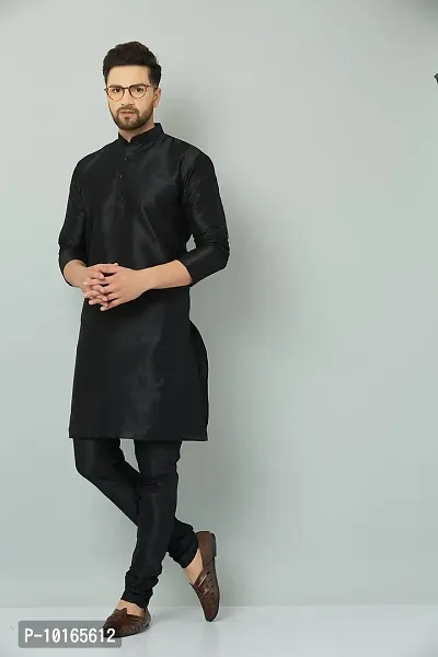 LEMONX Men?s and Boys Indian Traditional Straight Dupion Silk Kurta Pyjama/Pajama for Wedding and Party Combo Set Black-thumb5