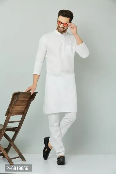 White Cotton Blend Kurta Sets For Men-thumb0