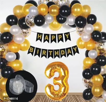 Devdrishti Products Happy Birthday 3 Year Decoration Kit For Boy And Girl Birthday Party Decoration 33 Pcs Golden Combo Items 10 Golden 10 Silver 10 Black Latex Balloons 1 Birthday Banner 1 Arc Tape