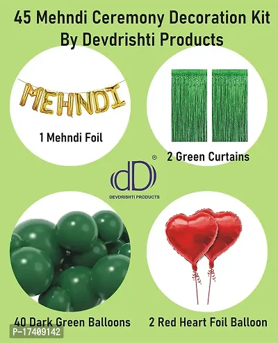 Devdrishti Products Mehndi Ceremony Decoration Pack Of 45 Pcs. Kit Contains 1 Mehndi Foil 2 Green Curtains 40 Dark Green Balloons And 2 Red Heart Foils For Mehndi Function Celebration At Home/Hall-thumb2