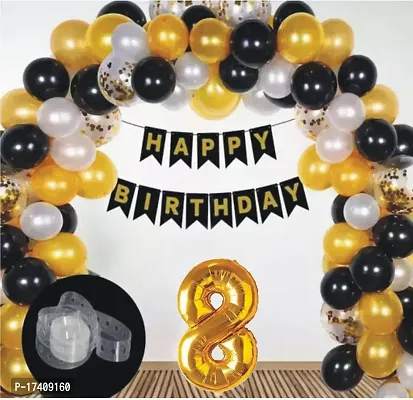 Devdrishti Products Happy Birthday 8 Year Decoration Kit For Boy And Girl Birthday Party Decoration 33 Pcs Golden Combo Items 30 Balloons 1 Birthday Banner 1 Arc Tape 1 No Foil