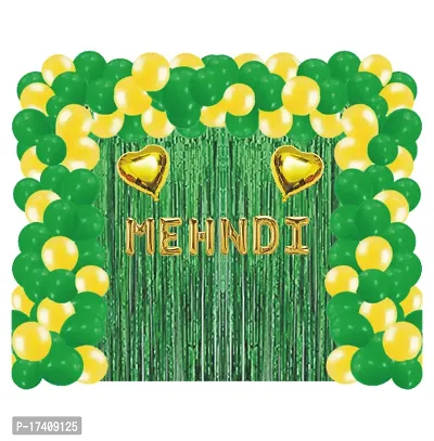 Devdrishti Products Mehndi Ceremony Decoration Pack Of 47 Pcs. Kit Contains 1 Mehndi Foil 2 Green Curtains 40 Balloons 20 Yellow, 20 Green 2 Gold Heart Foils 1 Arch And 1 Glue Dot