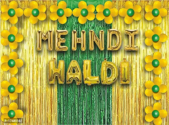 Haldi Mehndi Decoration Pack Of 108 Items Decoration Kit - 1 Mehndi Foil 1 Haldi Foil 2 Gold Curtains 1 Green Curtains 80 Yellow Balloons 20 Green Balloons 1 Pump 1 Ribbon 1 Glue Dot-thumb0