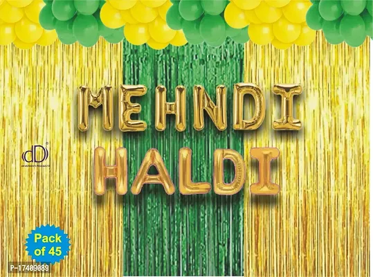 Devdrishti Products Haldi Mehndi Ceremony Decoration Pack Of 45 Items Decoration Kit Contains 1 Mehndi Foil 1 Haldi Foil 2 Gold Curtains 1 Green Curtains 20 Yellow Balloons 20 Green Balloons