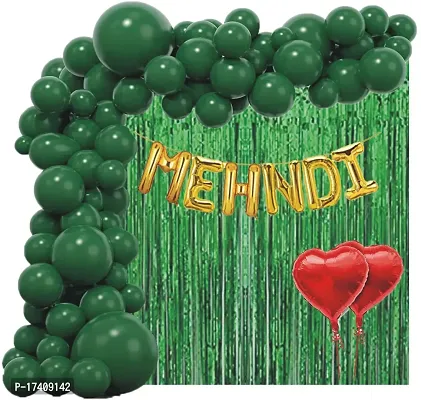 Devdrishti Products Mehndi Ceremony Decoration Pack Of 45 Pcs. Kit Contains 1 Mehndi Foil 2 Green Curtains 40 Dark Green Balloons And 2 Red Heart Foils For Mehndi Function Celebration At Home/Hall