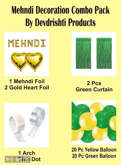 Devdrishti Products Mehndi Ceremony Decoration Pack Of 47 Pcs. Kit Contains 1 Mehndi Foil 2 Green Curtains 40 Balloons 20 Yellow, 20 Green 2 Gold Heart Foils 1 Arch And 1 Glue Dot-thumb2