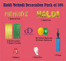 Haldi Mehndi Decoration Pack Of 108 Items Decoration Kit - 1 Mehndi Foil 1 Haldi Foil 2 Gold Curtains 1 Green Curtains 80 Yellow Balloons 20 Green Balloons 1 Pump 1 Ribbon 1 Glue Dot-thumb1