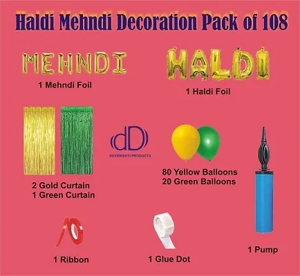 Haldi Mehndi Decoration Pack Of 108 Items Decoration Kit - 1 Mehndi Foil 1 Haldi Foil 2 Gold Curtains 1 Green Curtains 80 Yellow Balloons 20 Green Balloons 1 Pump 1 Ribbon 1 Glue Dot-thumb2