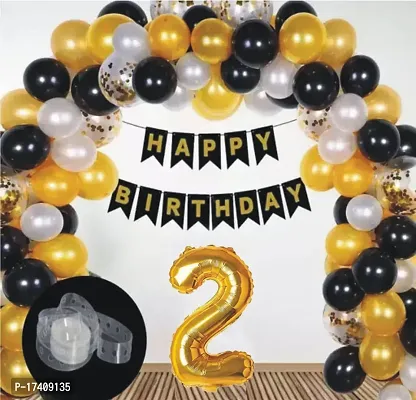 Devdrishti Products Happy Birthday 2 Year Decoration Kit For Boy And Girl Birthday Party Decoration 33 Pcs Golden Combo Items 10 Golden 10 Silver 10 Black Latex Balloons 1 Birthday Banner 1 Arc Tape-thumb0