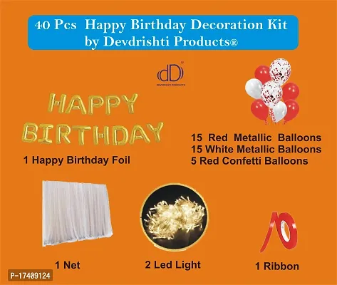 Devdrishti Products Happy Birthday Decoration Kit Pack Of 40 Pcs Includes 1 Happy Birthday Foil 30 Metallic Balloons 5 Confetti Balloons 1 Net 2 Led Light 1 Ribbon-thumb2