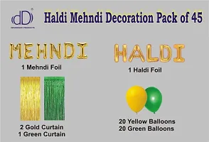 Devdrishti Products Haldi Mehndi Ceremony Decoration Pack Of 45 Items Decoration Kit Contains 1 Mehndi Foil 1 Haldi Foil 2 Gold Curtains 1 Green Curtains 20 Yellow Balloons 20 Green Balloons-thumb1