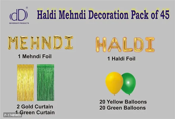 Devdrishti Products Haldi Mehndi Ceremony Decoration Pack Of 45 Items Decoration Kit Contains 1 Mehndi Foil 1 Haldi Foil 2 Gold Curtains 1 Green Curtains 20 Yellow Balloons 20 Green Balloons-thumb2