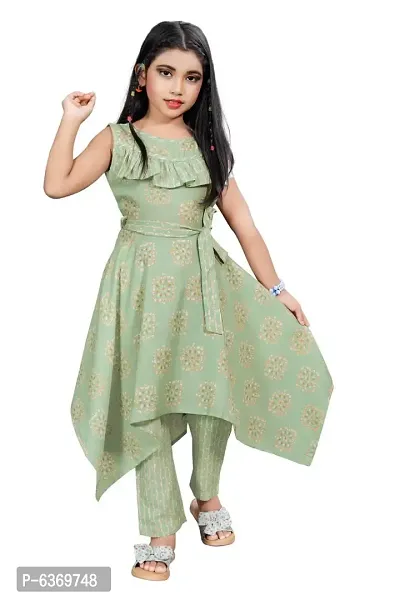 Kids Green Printed Cotton Sleeveless Kurti with Pant For Girls-thumb0