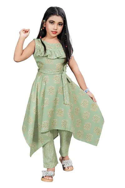 Stylish Cotton Pista Printed Sleeveless Ethnic Top With Pant For Girls