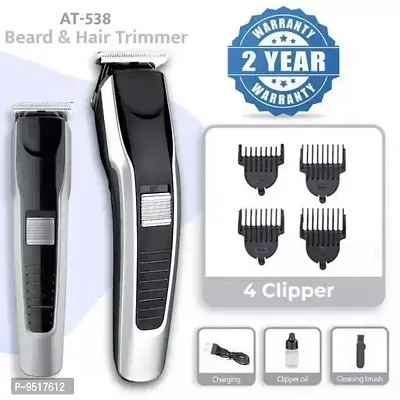 AT-538 Rechargeable Hair Trimmer for men with T-Shape Stainless Steel Sharp Blade Beard Shaver upto length 0.5 to 7mm (Black)-thumb0