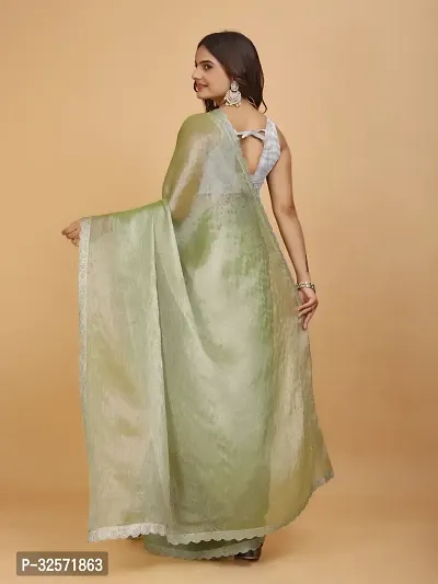 Stylish Green Organza Embellished Saree with Blouse piece For Women-thumb2