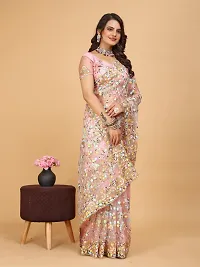 Stylish Pink Net Embroidered Saree with Blouse piece For Women-thumb3