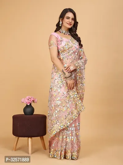 Stylish Pink Net Embroidered Saree with Blouse piece For Women-thumb4